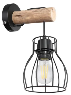 GLOBO Retrofit Wandleuchte MINA II schwarz /Holz naturfarbig
