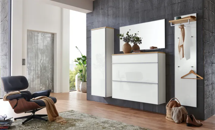Hängekommode VORTINA 120 x 102 cm Lack weiß/Glas Optiweiß/Abdeckboden Balkeneiche-Dekor