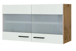 Küchen Glas-Hängeschrank AVILA 100 cm Eiche /weiß matt