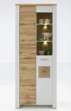 Vitrine RAMIRA 80x202 cm Weiß supermatt / Eiche Nachbildung