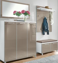 VOSS Garderobenkombination 4-teilig SANTINA 290 x 190 x 40 cm Lack weiß/ Glasfront taupe