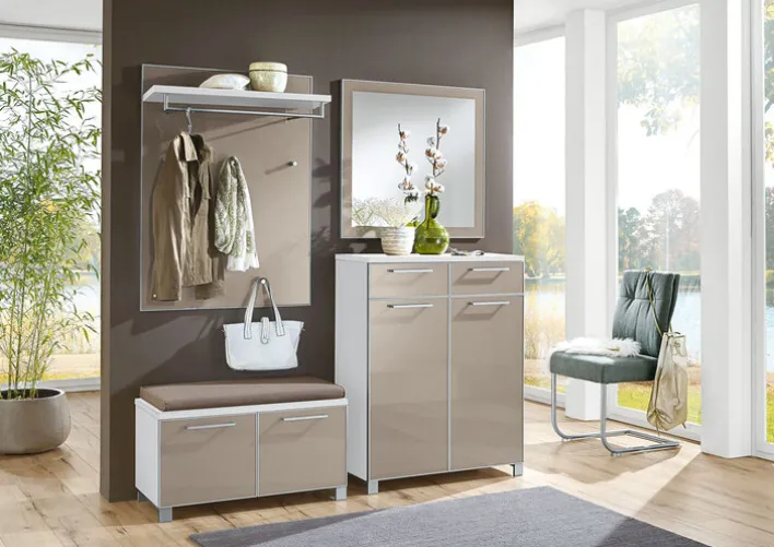 VOSS Schuhkommode SANTINA 108 x 84 cm Lack weiß/ Glas taupe